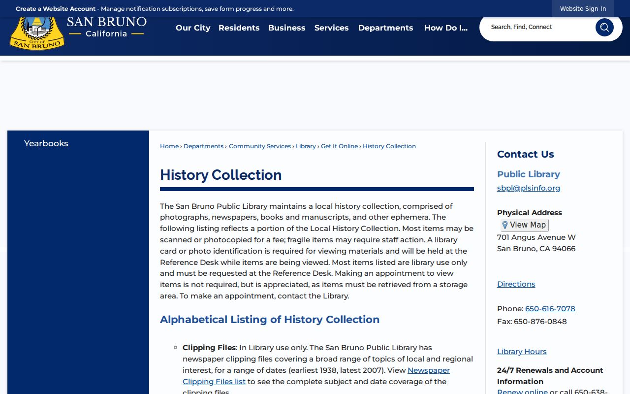 San Bruno people directories history collection at the public library