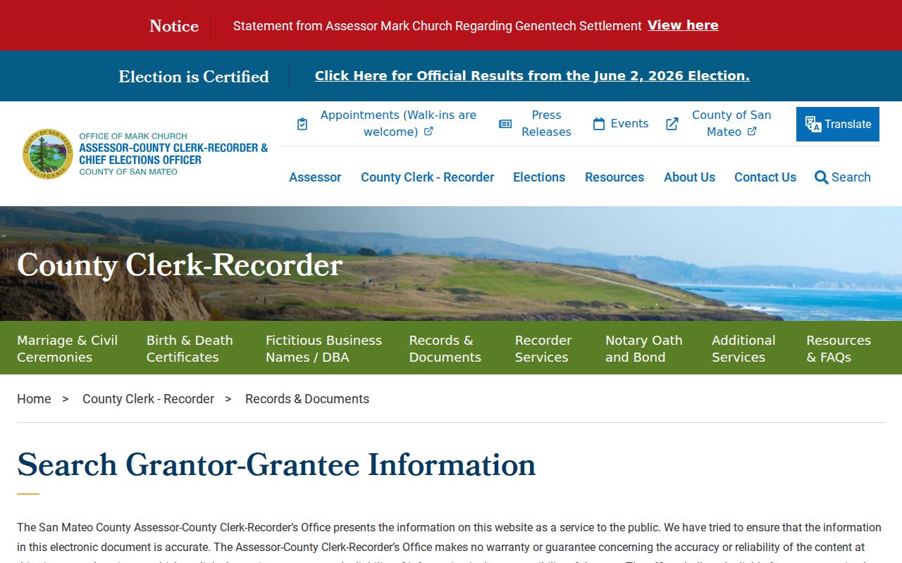 San Bruno public records instructions for the county recorder index