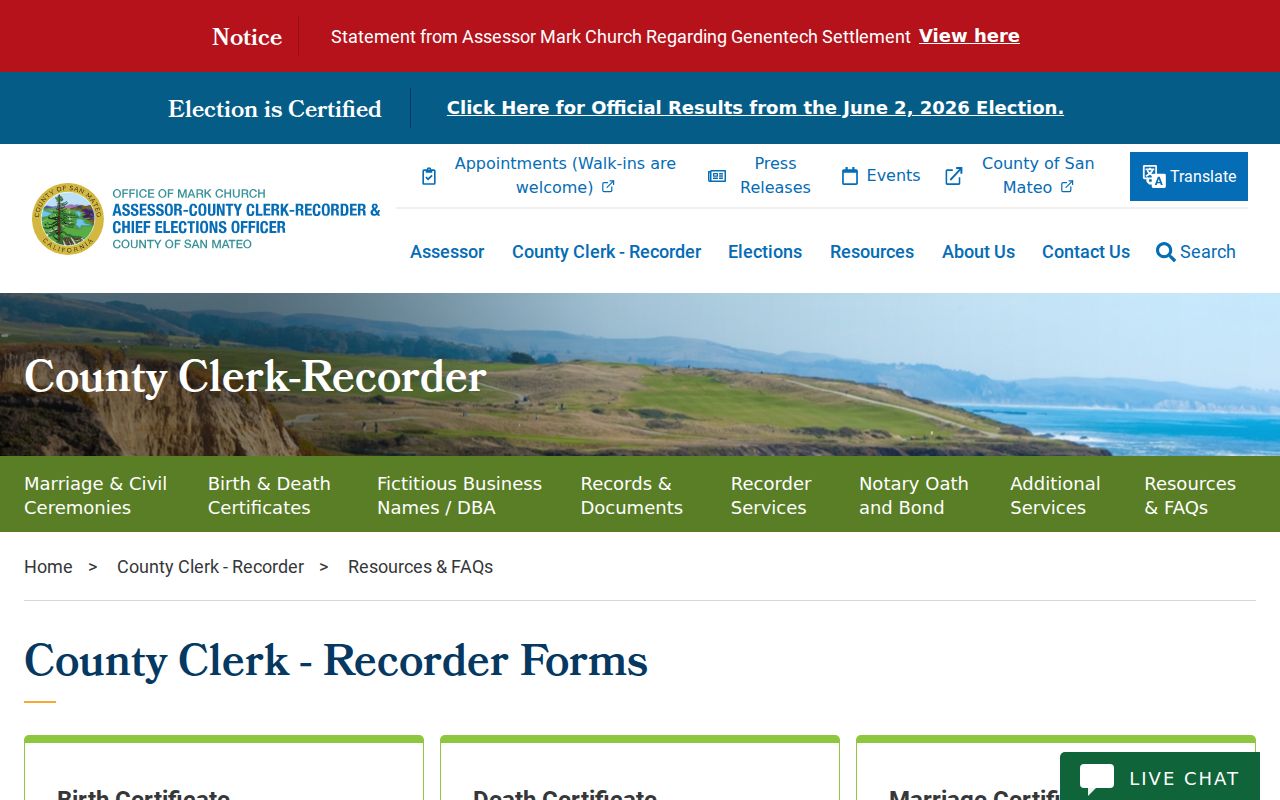 San Bruno public records forms for county birth death and marriage certificates