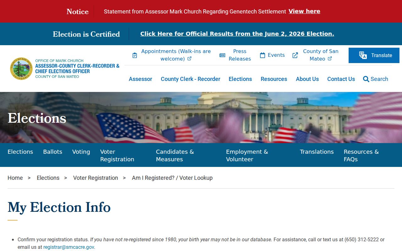 San Bruno voter registration lookup on San Mateo County My Election Info