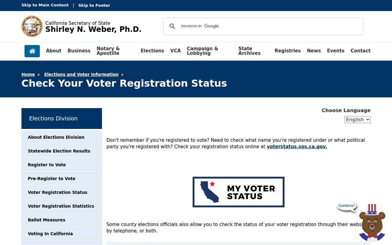 San Bruno voter status options on the California Secretary of State site